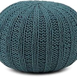 SIMPLIHOME Shelby Round Hand Knit Pouf, Footstool, Upholstered in Teal Cotton, for the Living Room, Bedroom and Kids Room, Transitional, Modern-image-0