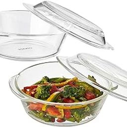 Amazon Brand - Solimo Set of 2 Borosilicate Glass Casserole-Cum-Serving Bowl with Lid | Microwave & Oven Safe| Deep Round | 650 Ml Each| Transparent-36