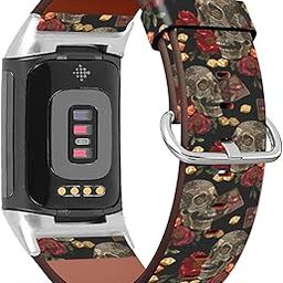 Compatible with Fitbit Charge 5 , Patterned Leather Replacement Band (Embroidery Skull and Playing Cards Pattern)-image-61