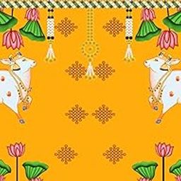 Backdropon Two Cows and Lotus Flower Design Backdrop Cloth for Pooja Decoration Traditional Background Curtain Cloth for Festival Fabric-Polyester Size 5 Feet Height and 8 Feet Width(5 * 8)-image-84