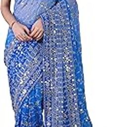 Women's Georgette Sequin Embroidery work Saree with Unstitch Blouse Piece (K963-Skyblue)-image-41