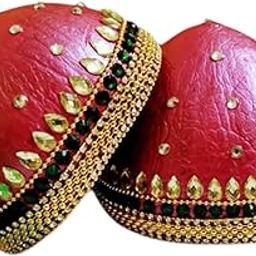 VRCreations Handmade Wedding Decorative Coconut Shell Set, Traditional Red with Gold Kundan Work, 2 Pieces Marriage Dry Coconut-23