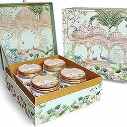 Gift Box | 9 (L) X 9 (B) x 3.5 (H) Inch | Arabic Vintage | Gold Foiling | Designer box with 4 Empty Jars for Diwali, Weddings, Bridal Shower, Eid, Gift Hampers-picture-27