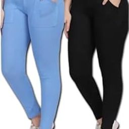 Latest Women Pocket Jeggings/Fabric - Soft Bun Cotton/Fit - Ankle Fit / 2 Combo/Black - Denim Blue (M, Black - Denim Blue)-image-50