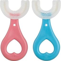 DBTC Kids U-Shaped Toothbrush with Heart Handle,BPA-Free U Shape Brush for Children,Soft Silicone U Toothbrush for Babies, 2 Pcs,Pink-image-3