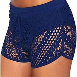 Abyelike Women's Hollow Out Lace Swimsuit Bottoms Solid Stretch Shorts Swim Beach Boardshorts (Navy Blue A, XXL)-image-35