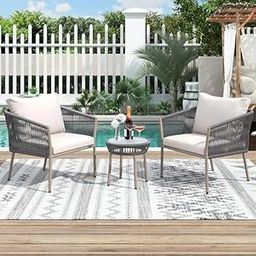 HOLYSOUL Balcony Furniture 3-Piece Make Your Outdoor Patio Set Modern Bistro Set with Table Top Brown Glass and Chairs for Any Occasion Garden Furniture(Grey and White)-16
