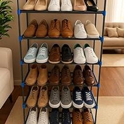 YouCopia 7 Tier Shoe Rack with Shelf, Folding for Bedroom, Living Room,Entryway, Black,Footwear Stand for Home, Folding for Bedroom,ShoeRack Plastic 7 Shelf Storage and Snack Organizer-Navy-Blue-image-81