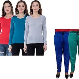 IndiWeaves Women Winter Wear Solid Cotton Full Sleeves T-Shirt and Fleece Warm Lower/Track Pants (Red,Blue,Gray,Blue,Rama Green, 36-M) Pack of 5-image-14