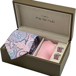 Pink Necktie with Pink Grid Cufflinks & Baby Pink Pocket Square Combo for Men-image-93