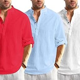 Men's Cotton Blend Solid Regular Dress Shirt (KURTA1600_Triple_RED-Sky-White_2XL-image-3