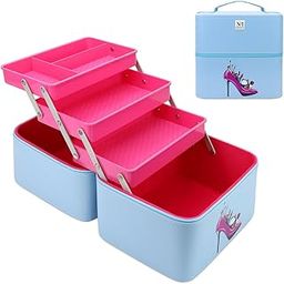 NFI essentials PU 3 Layer Large Makeup Box Cosmetic Storage Bag Vanity Case Trousseau Box Beauty Organizer (Blue) (Blue)-image-9