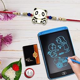 DeoDap (K1_260_1360) Multicolor Panda Rakhi Combo with LCD Writing Pad/Tablet for Kids, Silver Color Pooja Coin & Greeting Card | Occasion | Rakhi for brother with gift |new Rakhi collection | rakhi combo for brother | Fancy Rakhi for brother | Set of 1 Rakhi |-image-1