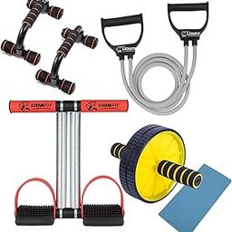 LIONFIT 4-in-1 Home Gym Combo Kit for Men & Women | Tummy Trimmer, Push-Up Bars, Resistance Tube, Ab Roller with Knee Mat | Full Body Workout Set | Portable Fitness Equipment for Home Exercise (MAROON)-image-34