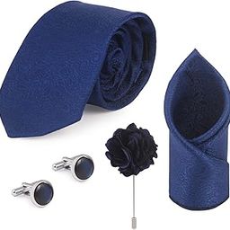 Neuro Club Mens Plaid Micro Self Silk Necktie Gift Set With Pocket Square Cufflinks & Brooch Pin Formal Tie With Wooden Box | (Wooden Gift Box) (Pack of 4)-picture-49