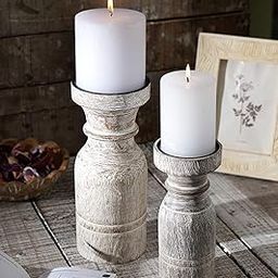 Designer Library 8 & 6 Inches Height Nyla Candle Holders for Home and Living Decor Made of Mango Wood in Brushed White Color,Centerpiece of Dining Table | Set of 2 Large+Small, Brushed White-22