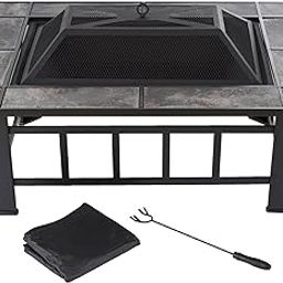 Pure Garden Pure Garden Fire Pit Set, Wood Burning Pit -Includes Screen, Cover and Log Poker- Great for Outdoor and Patio, 37ââ‚¬ Marble Tile Rectangular Firepit-image-43
