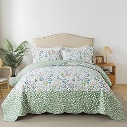 HoneiLife Bedspread Set - California King Quilt, 3-Piece Microfiber Bedspread Set, Green & White Floral Pattern, Extra Large 120x120 Bedding for All Seasons-image-80