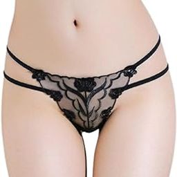 Women G-String Embroidered Transparent Temptation Underwear Female Traceless Perspective Cotton Crotch Hot Sexy Underpants (XS, Black)-image-58