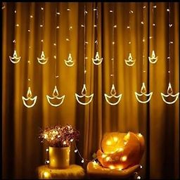 Udyami Store Diwali LED Curtain String Lights| Diya Shape with 6+6 Warm White Bulb| Decorative Hanging Decor for Home Ganpati Festival, Pooja Room, Garden, Wedding, | Indoor Outdoor Decoration-image-86