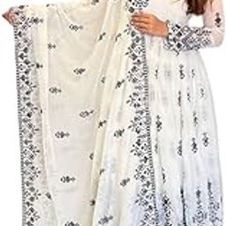 Womens Sequence with Thread Embroidery Fox Georgette Maxi Dress Ethnic Wear Comfortable Sweetheart Neck Gown with Dupatta & Pant Pair(S_A_E_56230_White_Large)-14