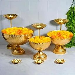 Artistiry Handcrafted Taj Urli Floating Flower Set | Hammered Taj Set with Stand | Urli with Bowl for Living Room | Pooja Diya, Diwali, Christmas, Festival Decor Set of 9 Pcs Combo Pack-31