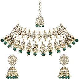 Gold Plated Traditional Kundan Pearl Choker Necklace Jewellery With Jhumki Earrings Set-image-14