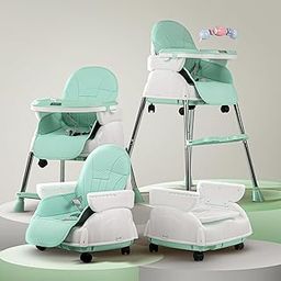 Baybee Nora 4 in 1 Convertible High Chair for Kids with Adjustable Height and Footrest, Baby Toddler Feeding Booster Seat with Tray, Wheels, Safety Belt and Cushion, 6 Months to 3 Years (Green)-image-36