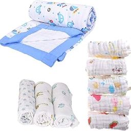 MOM'S HOME Organic Cotton Muslin Baby Gift Pack - 3 Muslin(Mix) and 1 Muslin Blanket, Pack of 5 Muslin Square Napkin 30x30 cm-image-41