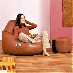 LEXAVI Brand - Faux Super Leather Combo Beanbag with Foot-Rest prefilled with Beans – (XXXL Large) - (Dark-Tan)-picture-19
