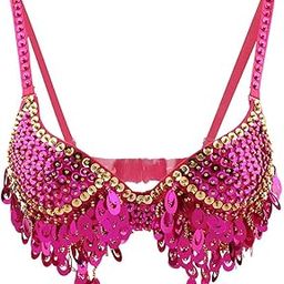 MERISHOPP® Belly Dance Beaded Bra Sequins Top Dancing Singer Costume Tassels Pink-image-39