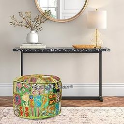 Vintage Khambadiya Patchwork Pouf Ethnic Footstool Footrest Puff Cotton Ottoman Bean Bag Embroidered Seating Pouf Cover 18 Inch Round (Light Green)-image-6