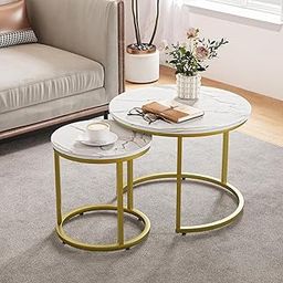 Skaffix Modern Center Table, Industrial Simple Nightstand, Living Room, Bedroom, End Table, Coffee Table Nesting Set of Two Round and Marble Pattern Wooden Table-image-64
