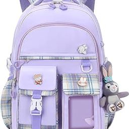 Kawaii Girls Korean Travel School Bag|Backpack Aesthetics Large 16Inches Capacity Casual Day Pack Bookbag Rucksack School|College Backpack, Princess Backpack Bookbag for Girls (Plaid Purple)-picture-45