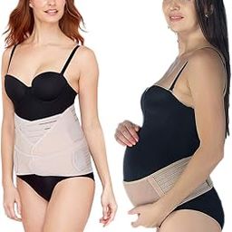 Postpartum 3-in-1 Girdles Wrap– Waist + Pelvis Pregnant Post Pregnancy Slimming Belt (Beige, X-Large, Waist 37-42 Inch) + Pregnancy Belly Support Band -Free Size-16