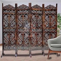 Home & Goods International Wooden Room Divider Partition Privacy Screen Divider for Studio, Living Room, Office, Puja Room | S Design - Mansion Wax Polish with Glossy - Brown (4 Panel with Stand)-image-63