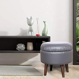 KICA Faux Leather Foot Stool for Living Room,Sitting Cum Storage Round Upholstery Ottoman Stool with Wooden Feet,Footrest Pouf Seat Dressing Table Stool-Size-16x16x16 Inches-Grey-picture-29