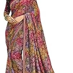 Multicolor Brasso Floral Printed and Lace Work Saree for Women With Unstitched Blouse Piece | Festive Look Saree With Fancy Blouse Piece-image-0