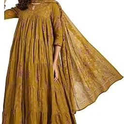 kimayra Women's Cotton Calf Length Printed Key Hole Neck Tired Kurta Suit Set-picture-0