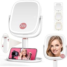 Mocado Makeup Mirror with Lights, 1X/20X Magnifying Mirror with Light, Vanity Mirror with 3 Colors Lights, Height Adjustable Lighted Makeup Mirror, Double Sided 360°Rotation, Memory Function (White)-11