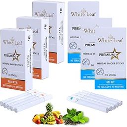 White Leaf Premium Herbal Smokes Cigarettes - Tobacco and Nicotine Free Combo Pack of Frutta, Mint Flavour Smoke (60 Sticks)-image-46