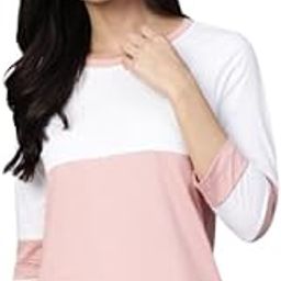 Women's Color Block T-Shirt, Pink and White, 3/4 Sleeve, Casual Round Neck-picture-16
