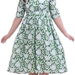 Women and Girls fit and Flare Geometric Printed Pure Cotton Long anrkali Kurta with TPSsels tieup Sleeve Light Green-image-58