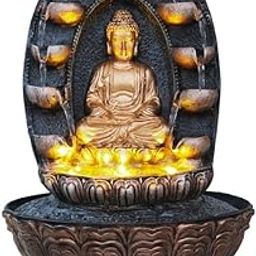 INDIANA CRAFT Gold Brown Polyresin Table Top Meditating Buddha Home Decor 5 Step Indoor Waterfall Fountain with Yellow LED Light and Speed ​​Control Pump (Size: 27 x 27 x 40CM | Weight: 2780Gram)-image-87