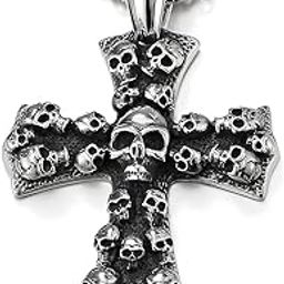 Mens Large Gothic Vintage Skulls Cross Pendant Necklace of Steel, 30 inches Wheat Chain-image-5