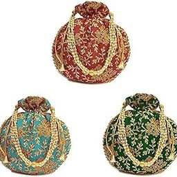 Women's Fashion Handmade Handbag Wristlets Ethnic Bridal Potli Batwa Pink, Red & Blue (Design 13)-image-77