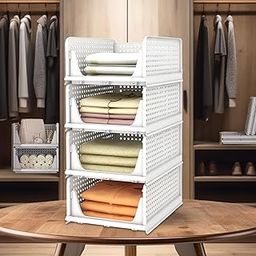 Kuber Industries Storage Organizer | Wardrobe Organizer For Clothes | Cupboard Organizer | Foldable Shirt Stacker Box | Cloth Box for Almirah | Closet Storage Basket | Large | Pack of 4 | White-29