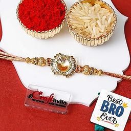eCraftIndia Golden Designer Floral Rakhi for Brother | Raksha Bandhan Rakhi for Bhai Bhaiya | Best Bro Ever Fridge Magnet | Roli Chawal Pack-image-44