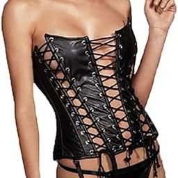 Gothic Women Bandage PU Leather Corset Tops Bustier Hollow Out Black Corselet Overbust Clubwear Femme-image-20