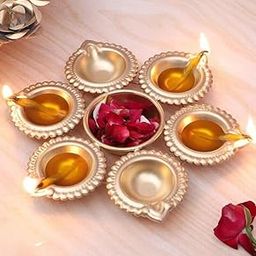 Diya Shape Flower Decorative Urli Bowl Handcrafted for Floating Flowers and T Light Candles Home,Office and Table Decor| Diwali Decoration Items (7 Inches) with 6 diyas in Gift Box Return Gift-image-42